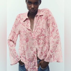 Zara Chiffon Flowy Lightweight Paisley Print Shirt Pink Sheer V Neck Small